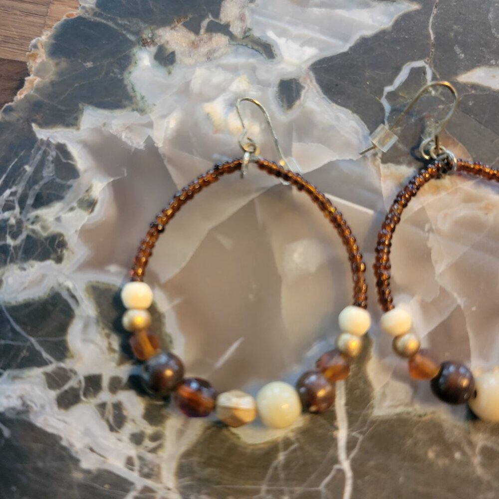 Boho Warm Brown Beaded Hoop Earrings - Picture 6 of 8